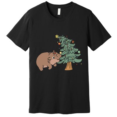 Funny Moo Deng Biting Xmas Tree Baby Pygmy Hippo Christmas Premium T-Shirt