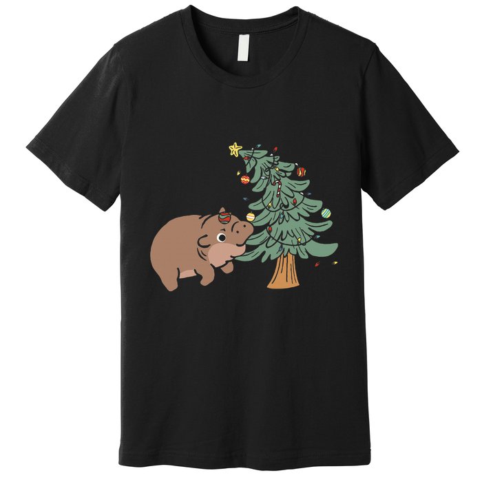 Funny Moo Deng Biting Xmas Tree Baby Pygmy Hippo Christmas Premium T-Shirt