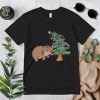 Funny Moo Deng Biting Xmas Tree Baby Pygmy Hippo Christmas Premium T-Shirt