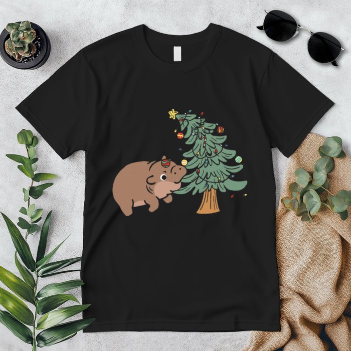 Funny Moo Deng Biting Xmas Tree Baby Pygmy Hippo Christmas Premium T-Shirt