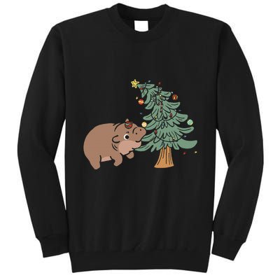 Funny Moo Deng Biting Xmas Tree Baby Pygmy Hippo Christmas Tall Sweatshirt