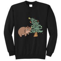 Funny Moo Deng Biting Xmas Tree Baby Pygmy Hippo Christmas Tall Sweatshirt