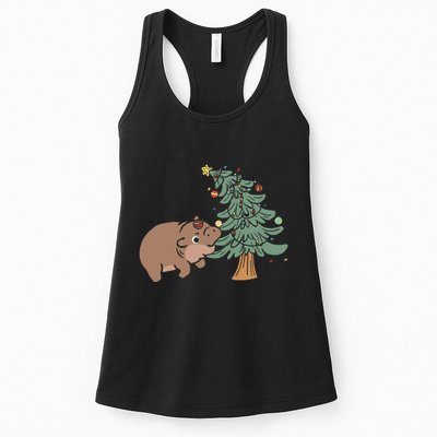 Funny Moo Deng Biting Xmas Tree Baby Pygmy Hippo Christmas Womens Tank Top
