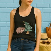 Funny Moo Deng Biting Xmas Tree Baby Pygmy Hippo Christmas Womens Tank Top