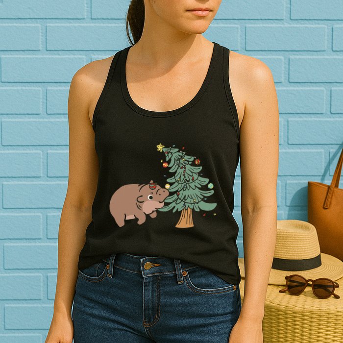 Funny Moo Deng Biting Xmas Tree Baby Pygmy Hippo Christmas Womens Tank Top