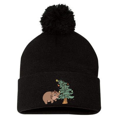 Funny Moo Deng Biting Xmas Tree Baby Pygmy Hippo Christmas Pom Pom 12in Knit Beanie