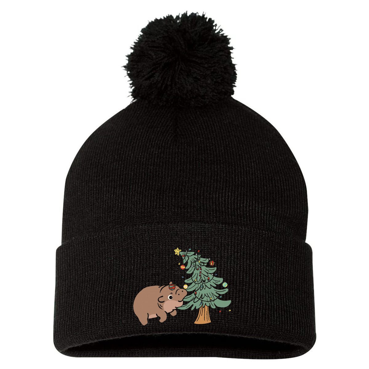 Funny Moo Deng Biting Xmas Tree Baby Pygmy Hippo Christmas Pom Pom 12in Knit Beanie
