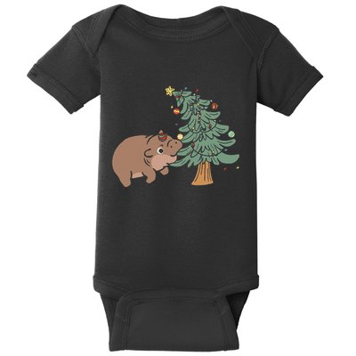 Funny Moo Deng Biting Xmas Tree Baby Pygmy Hippo Christmas Baby Bodysuit