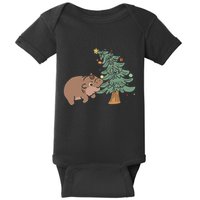Funny Moo Deng Biting Xmas Tree Baby Pygmy Hippo Christmas Baby Bodysuit