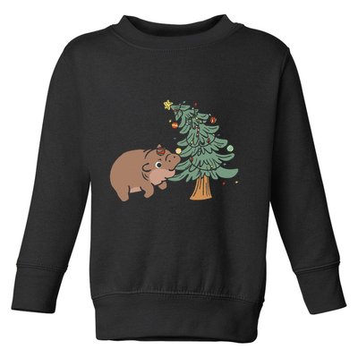 Funny Moo Deng Biting Xmas Tree Baby Pygmy Hippo Christmas Toddler Sweatshirt