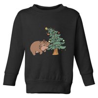 Funny Moo Deng Biting Xmas Tree Baby Pygmy Hippo Christmas Toddler Sweatshirt