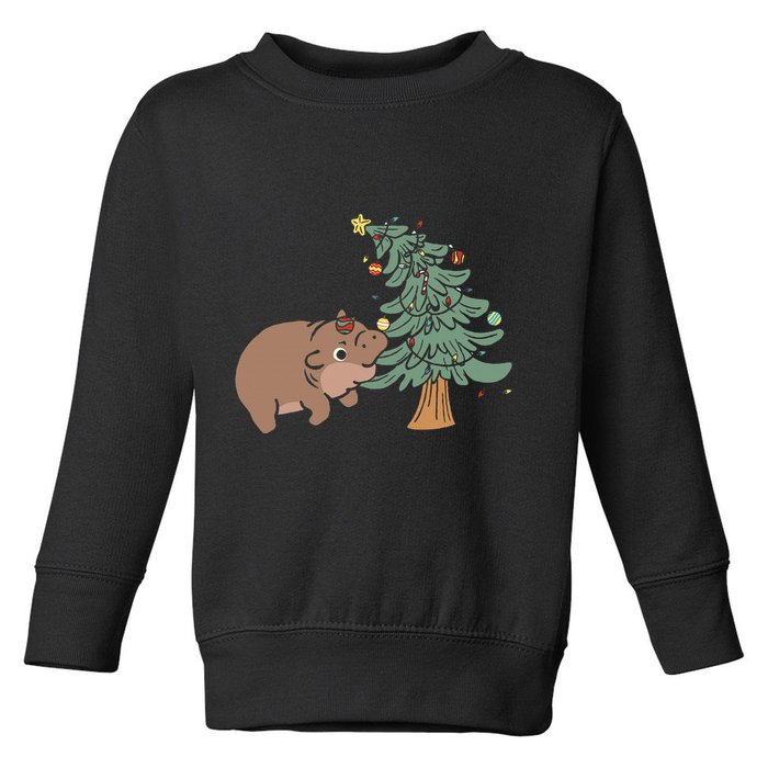 Funny Moo Deng Biting Xmas Tree Baby Pygmy Hippo Christmas Toddler Sweatshirt