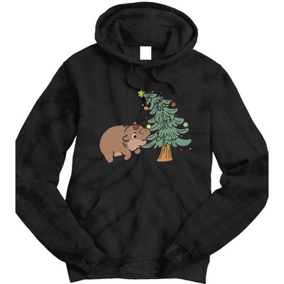 Funny Moo Deng Biting Xmas Tree Baby Pygmy Hippo Christmas Tie Dye Hoodie