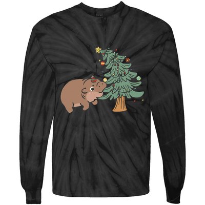 Funny Moo Deng Biting Xmas Tree Baby Pygmy Hippo Christmas Tie-Dye Long Sleeve Shirt