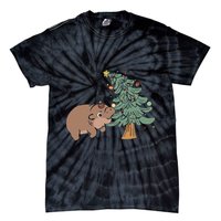 Funny Moo Deng Biting Xmas Tree Baby Pygmy Hippo Christmas Tie-Dye T-Shirt
