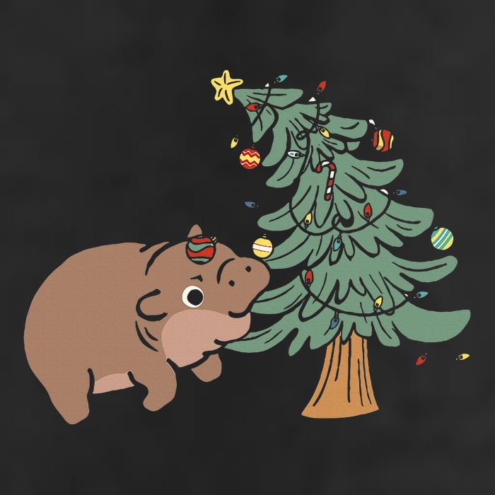 Funny Moo Deng Biting Xmas Tree Baby Pygmy Hippo Christmas Trucker Hat