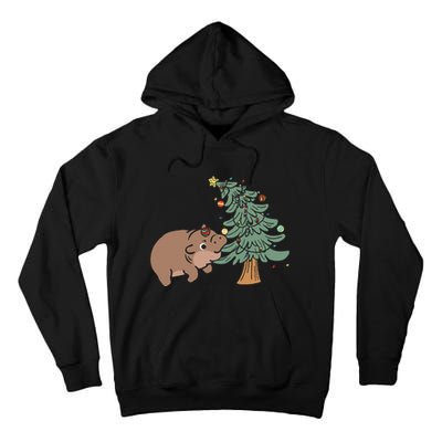 Funny Moo Deng Biting Xmas Tree Baby Pygmy Hippo Christmas Tall Hoodie