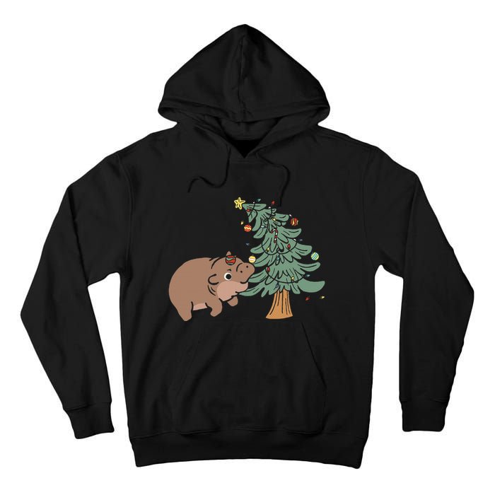 Funny Moo Deng Biting Xmas Tree Baby Pygmy Hippo Christmas Tall Hoodie