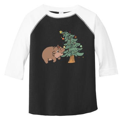 Funny Moo Deng Biting Xmas Tree Baby Pygmy Hippo Christmas Toddler Fine Jersey T-Shirt