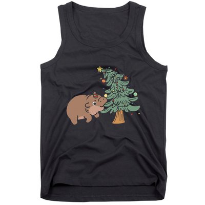 Funny Moo Deng Biting Xmas Tree Baby Pygmy Hippo Christmas Tank Top