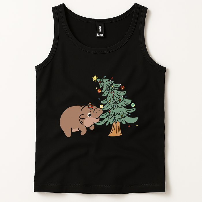 Funny Moo Deng Biting Xmas Tree Baby Pygmy Hippo Christmas Tank Top