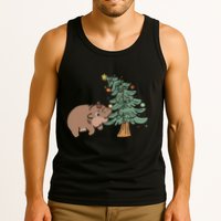 Funny Moo Deng Biting Xmas Tree Baby Pygmy Hippo Christmas Tank Top