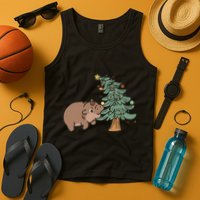 Funny Moo Deng Biting Xmas Tree Baby Pygmy Hippo Christmas Tank Top