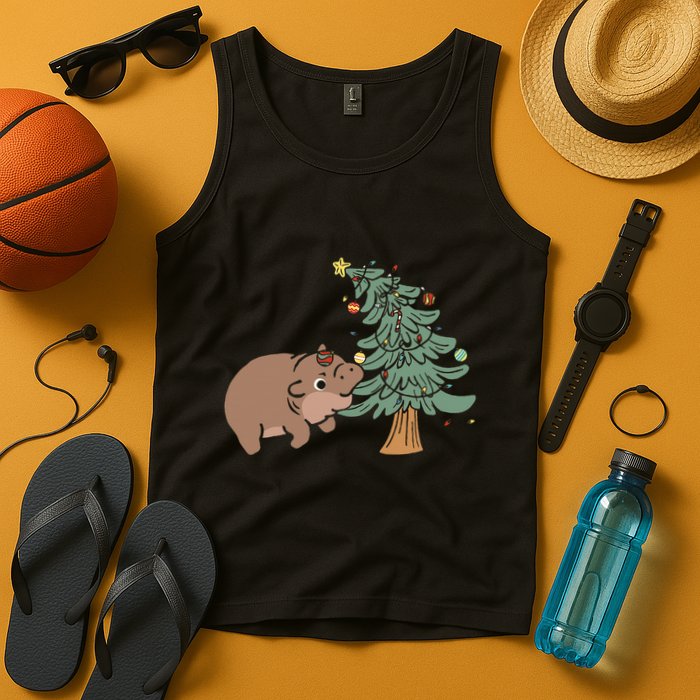 Funny Moo Deng Biting Xmas Tree Baby Pygmy Hippo Christmas Tank Top