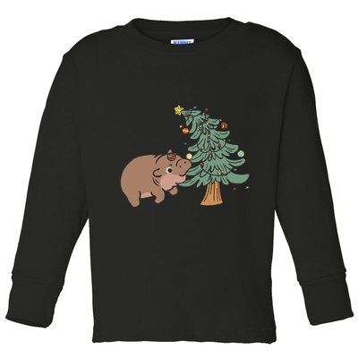 Funny Moo Deng Biting Xmas Tree Baby Pygmy Hippo Christmas Toddler Long Sleeve Shirt