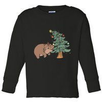 Funny Moo Deng Biting Xmas Tree Baby Pygmy Hippo Christmas Toddler Long Sleeve Shirt