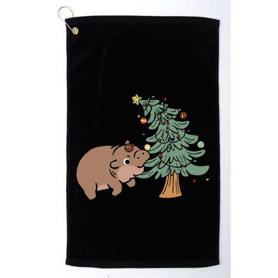 Funny Moo Deng Biting Xmas Tree Baby Pygmy Hippo Christmas Golf Towel