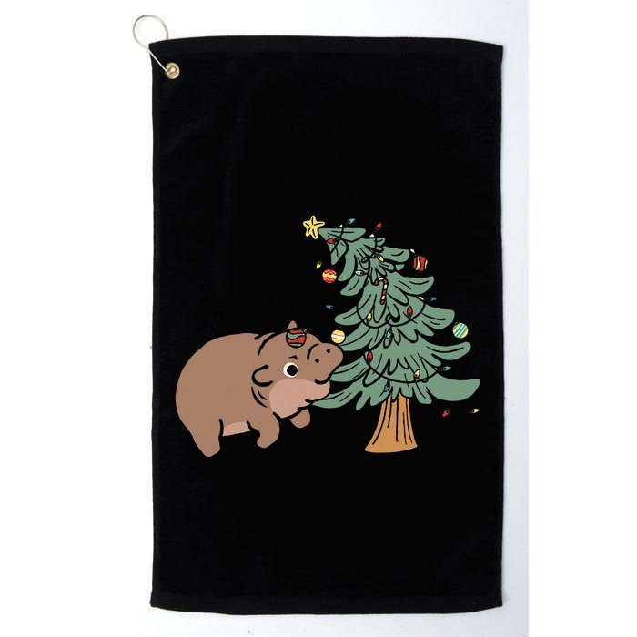 Funny Moo Deng Biting Xmas Tree Baby Pygmy Hippo Christmas Golf Towel