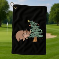 Funny Moo Deng Biting Xmas Tree Baby Pygmy Hippo Christmas Golf Towel