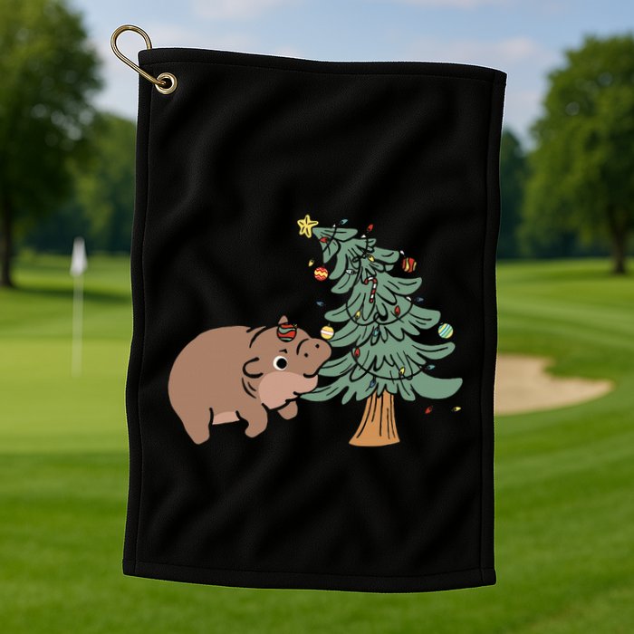 Funny Moo Deng Biting Xmas Tree Baby Pygmy Hippo Christmas Golf Towel