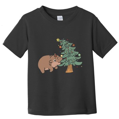 Funny Moo Deng Biting Xmas Tree Baby Pygmy Hippo Christmas Toddler T-Shirt