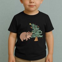 Funny Moo Deng Biting Xmas Tree Baby Pygmy Hippo Christmas Toddler T-Shirt