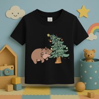 Funny Moo Deng Biting Xmas Tree Baby Pygmy Hippo Christmas Toddler T-Shirt