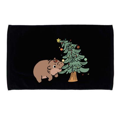 Funny Moo Deng Biting Xmas Tree Baby Pygmy Hippo Christmas Microfiber Hand Towel