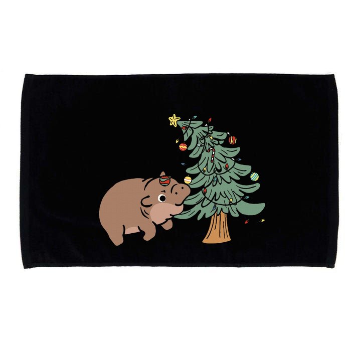 Funny Moo Deng Biting Xmas Tree Baby Pygmy Hippo Christmas Microfiber Hand Towel