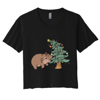 Funny Moo Deng Biting Xmas Tree Baby Pygmy Hippo Christmas Crop Top