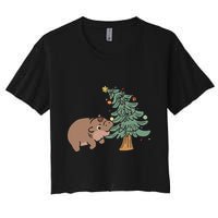 Funny Moo Deng Biting Xmas Tree Baby Pygmy Hippo Christmas Crop Top