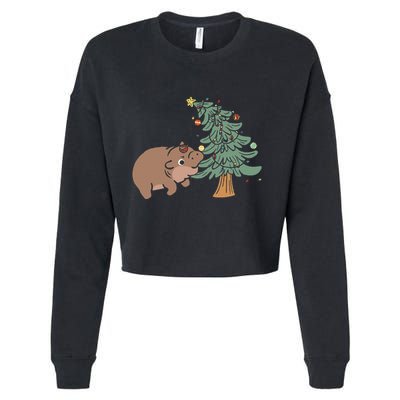 Funny Moo Deng Biting Xmas Tree Baby Pygmy Hippo Christmas Cropped Pullover Crew