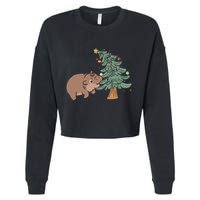 Funny Moo Deng Biting Xmas Tree Baby Pygmy Hippo Christmas Cropped Pullover Crew