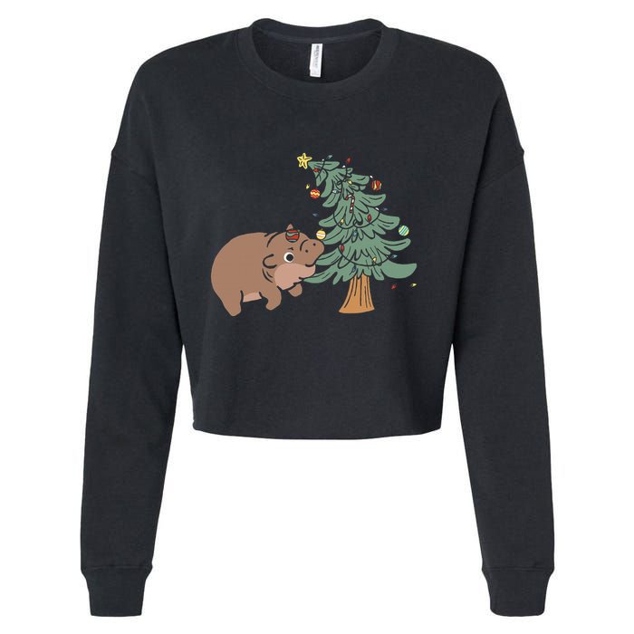 Funny Moo Deng Biting Xmas Tree Baby Pygmy Hippo Christmas Cropped Pullover Crew