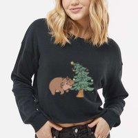 Funny Moo Deng Biting Xmas Tree Baby Pygmy Hippo Christmas Cropped Pullover Crew