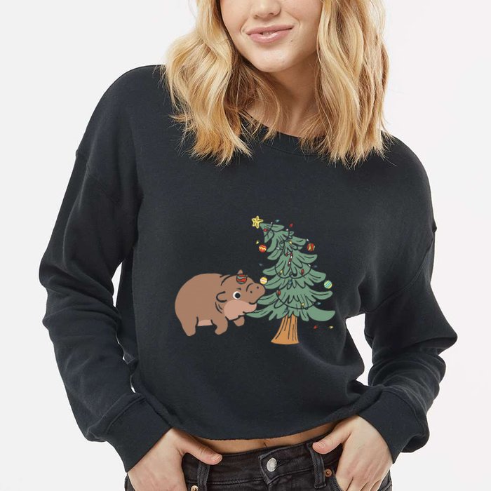 Funny Moo Deng Biting Xmas Tree Baby Pygmy Hippo Christmas Cropped Pullover Crew