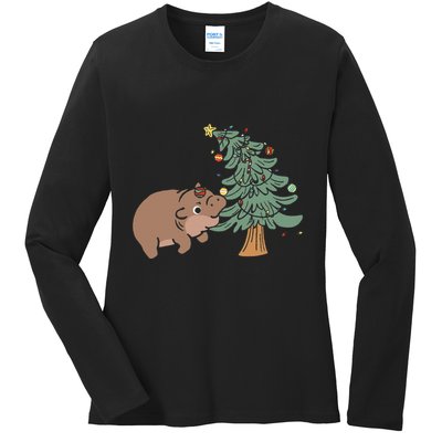 Funny Moo Deng Biting Xmas Tree Baby Pygmy Hippo Christmas Ladies Long Sleeve Shirt