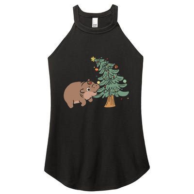 Funny Moo Deng Biting Xmas Tree Baby Pygmy Hippo Christmas Women's Perfect Tri Rocker Tank