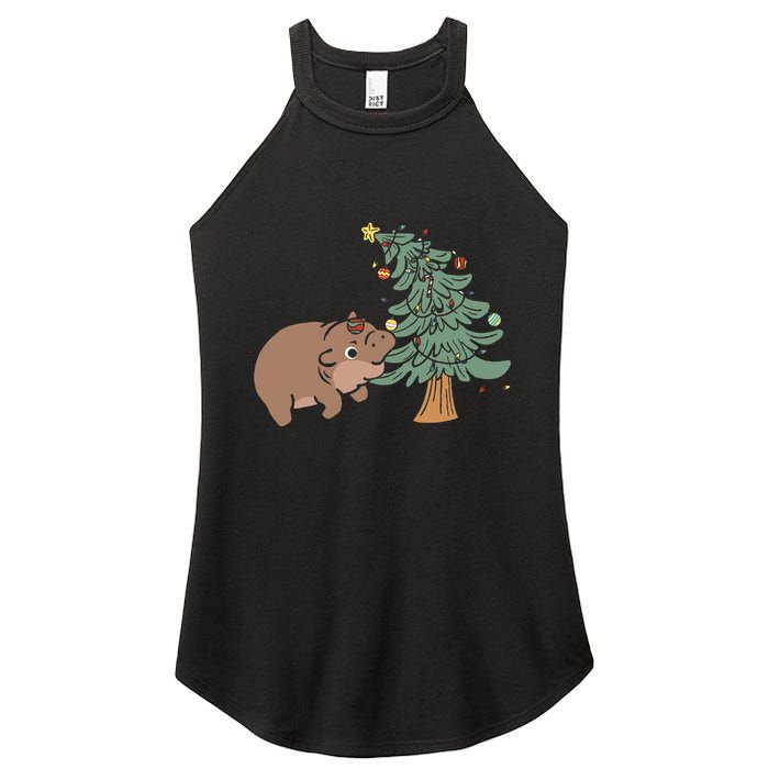 Funny Moo Deng Biting Xmas Tree Baby Pygmy Hippo Christmas Women's Perfect Tri Rocker Tank
