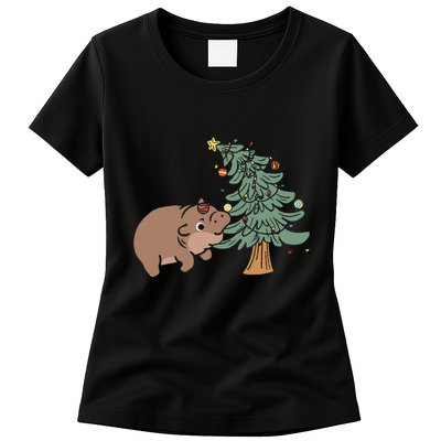Funny Moo Deng Biting Xmas Tree Baby Pygmy Hippo Christmas Womens T-Shirt